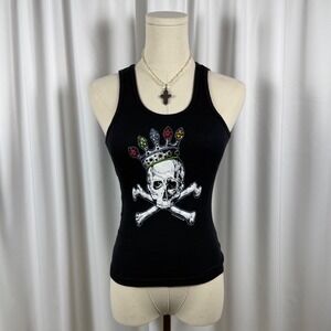Vintage y2k Bejeweled Susan Fixel Skull Crossbones Jeweled Crown Ribbed Tank Top